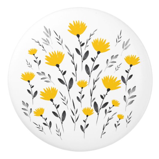 Modern Yellow Grey Floral Motif Keramische Knop (Voorkant)