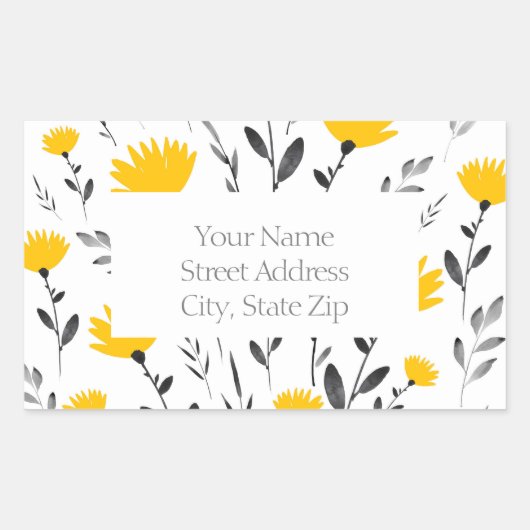 Modern Yellow, Grey Floral Motif Rechthoekige Sticker (Voorkant)