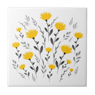 Modern Yellow Grey Floral Motif Tegeltje