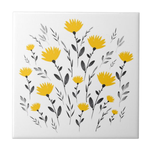 Modern Yellow Grey Floral Motif Tegeltje (Voorkant)