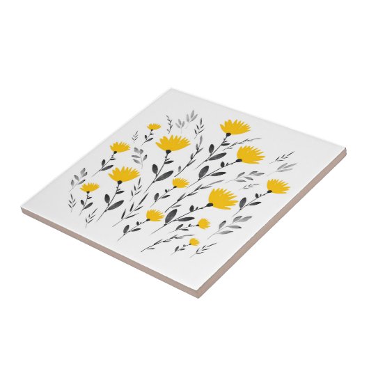 Modern Yellow Grey Floral Motif Tegeltje (Zijkant)