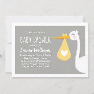 Modern Yellow Grey Stork Bird   Cute Baby shower Kaart