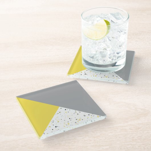 Modern Yellow Grey Terrazzo Glazen Onderzetter (Schuin)