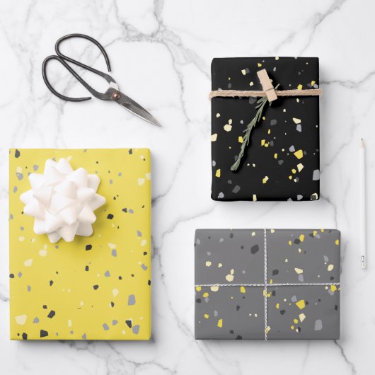 Modern Yellow Grey Terrazzo Pattern Inpakpapier Vel (Voorkant)