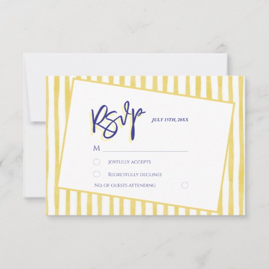 Modern Yellow Hand Written Pinstripe Italy Wedding RSVP Kaartje (Voorkant)