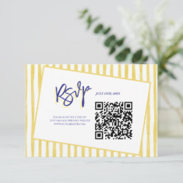 Modern Yellow Hand Written Stripe QR Code Wedding RSVP Kaartje