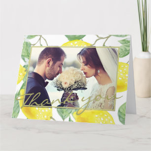Modern Yellow Lemons & Green Foliage Weduwfoto Bedankkaart