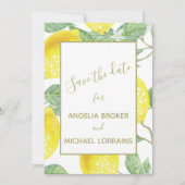 Modern Yellow Lemons & Green Foliage Weduwfoto Save The Date (Voorkant)