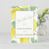 Modern Yellow Lemons & Green Foliage Weduwfoto Save The Date (Staand voorkant)