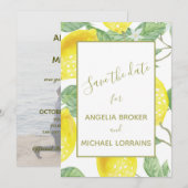 Modern Yellow Lemons & Green Foliage Weduwfoto Save The Date (Voorkant / Achterkant)