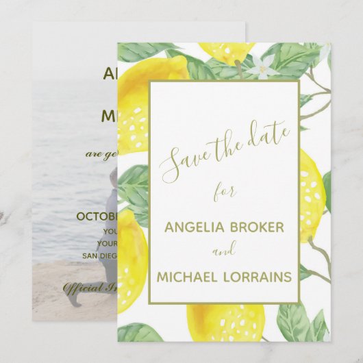 Modern Yellow Lemons & Green Foliage Weduwfoto Save The Date (Voorkant / Achterkant)