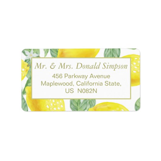 Modern Yellow Lemons Green Leaves Wedding Address Etiket (Voorkant)