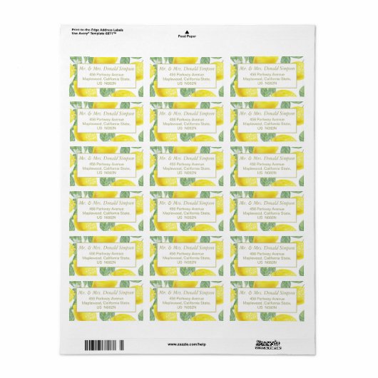 Modern Yellow Lemons Green Leaves Wedding Address Etiket (Full Sheet)