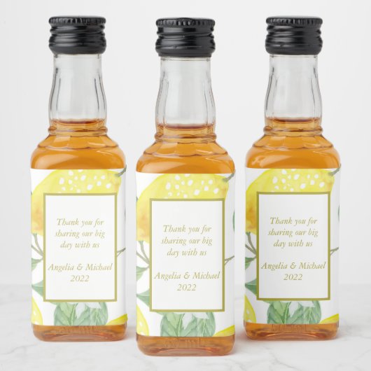 Modern Yellow Lemons Green Leaves Wedding Likeurfles Etiket (Flessen)