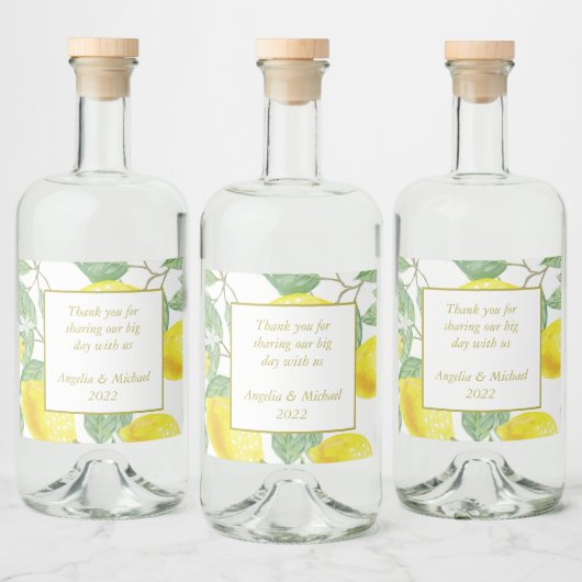 Modern Yellow Lemons Green Leaves Wedding Likeurfles Etiket (Flessen)