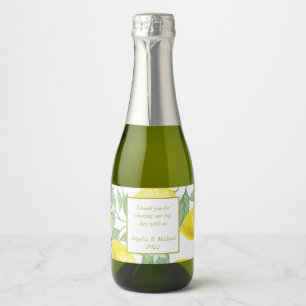 Modern Yellow Lemons Green Leaves Wedding Sparkling Wijnetiket