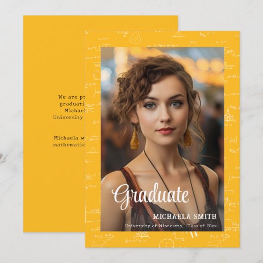Modern Yellow Math Photo College Graduation  Aankondiging (Voorkant / Achterkant)