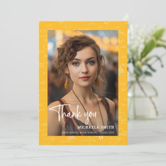 Modern Yellow Math Script Photo Graduation  Bedankkaart (Staand voorkant)