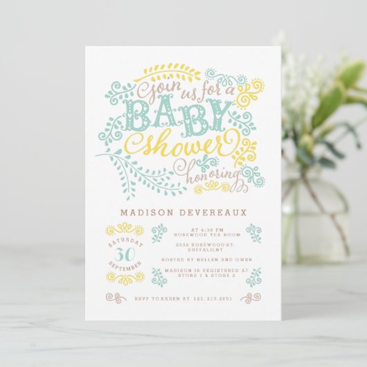 Modern Yellow Mint Gender Neutral Cute Baby shower Kaart (Staand voorkant)
