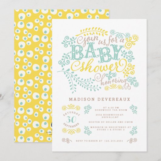 Modern Yellow Mint Gender Neutral Cute Baby shower Kaart (Voorkant / Achterkant)