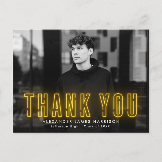 Modern Yellow Neon Photo Afstuderen Dank u Briefkaart (Voorkant)
