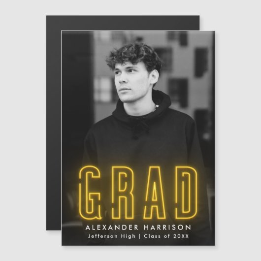 Modern Yellow Neon Vertical Photo Afstuderen Magnetische Uitnodiging (Voorkant / Achterkant)