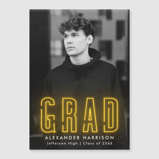Modern Yellow Neon Vertical Photo Afstuderen Magnetische Uitnodiging (Voorkant)