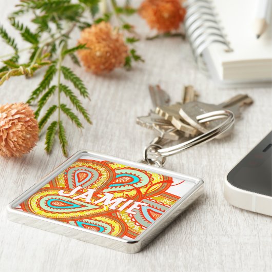 Modern Yellow Oranje Aqua Mint Paisley Gifts Sleutelhanger (Zijkant)