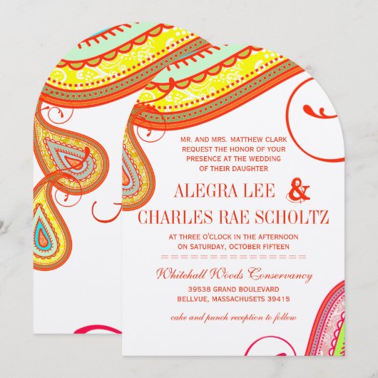 Modern Yellow Oranje Aqua Mint Paisley Wedding Kaart (Voorkant / Achterkant)