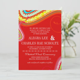 Modern Yellow Oranje Aqua Mint Red Paisley Wedding Kaart