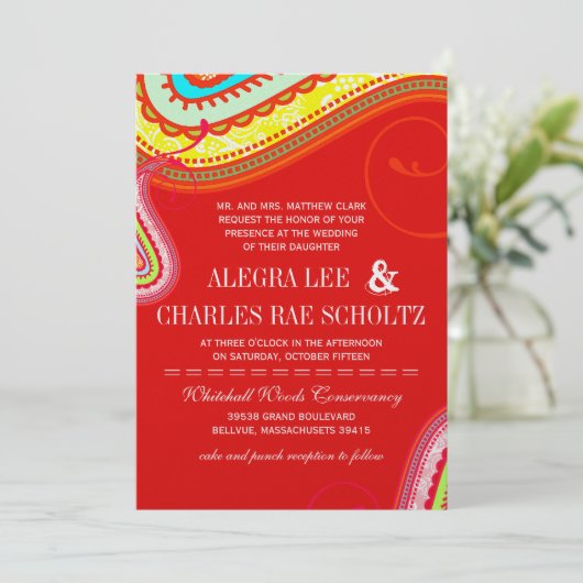 Modern Yellow Oranje Aqua Mint Red Paisley Wedding Kaart (Staand voorkant)