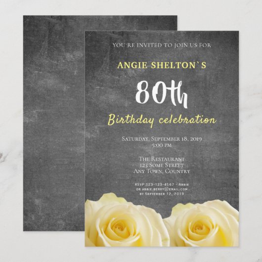Modern Yellow Rose Chalkboard 80th Birthday Party Kaart (Voorkant / Achterkant)