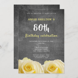 Modern Yellow Rose Chalkboard 80th Birthday Party Kaart