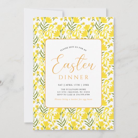 Modern Yellow Spring Floral Bow Easter Dinner Kaart (Voorkant)