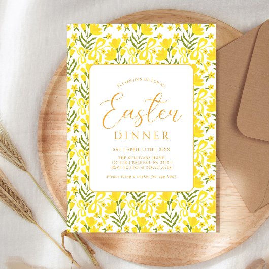 Modern Yellow Spring Floral Bow Easter Dinner Kaart