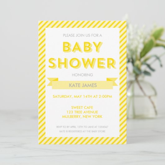 Modern Yellow Stripes Baby shower Invitation Kaart (Staand voorkant)