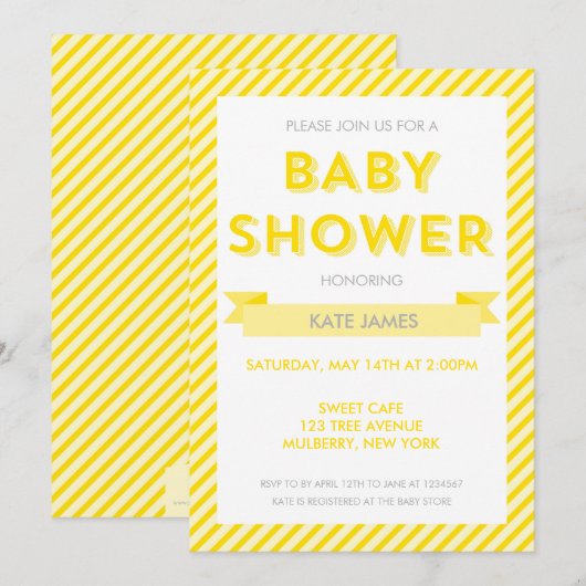 Modern Yellow Stripes Baby shower Invitation Kaart (Voorkant / Achterkant)