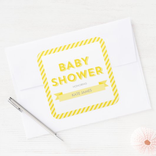 Modern Yellow Stripes Baby shower Vierkante Sticker (Envelop)