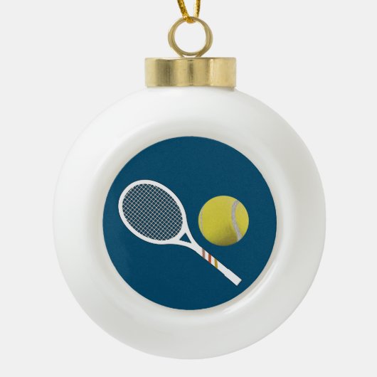 Modern Yellow Tennis Ball Retro Racket Keramische Bal Ornament (Voorkant)