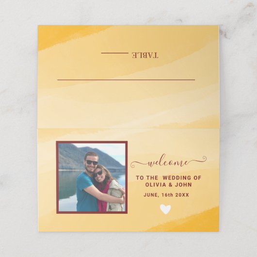 Modern Yellow Waterverf foto bruiloft gevouwen Plaatskaartje (Buitenkant ongevouwen)