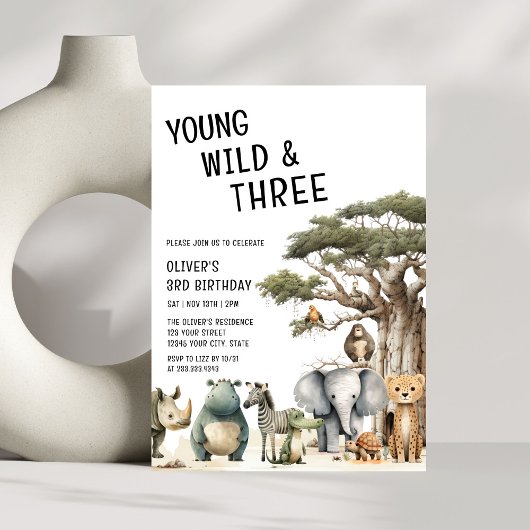 Modern Young Wild en Drie Safari 3e verjaardag Kaart