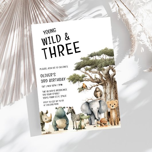 Modern Young Wild en Drie Safari 3e verjaardag Kaart