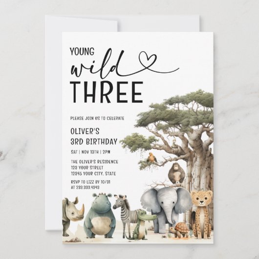 Modern Young Wild en Drie Safari 3e verjaardag Kaart (Voorkant)