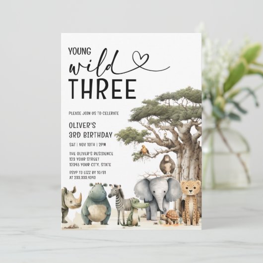 Modern Young Wild en Drie Safari 3e verjaardag Kaart (Staand voorkant)