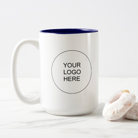 Modern Your Upload Business Logo Navy Blue White Tweekleurige Koffiemok (Met donut)