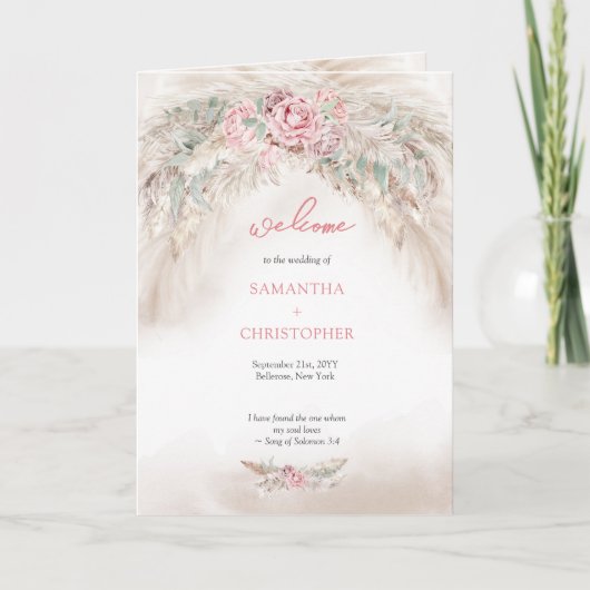 Modern zacht pastel roze roos pampas gevouwen prog programma (Voorkant)