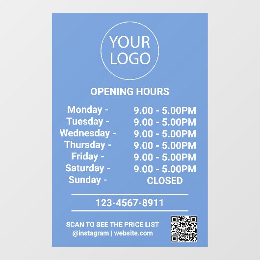 Modern Zakelijk Openingstijden Logo Qr Code Blauw Raamsticker (Vel)