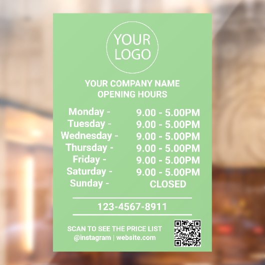 Modern Zakelijk Openingstijden Logo Qr Code Groen Raamsticker (Vel 2)