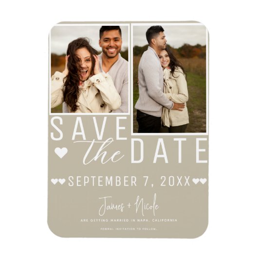 Modern Zand Beige Save the Date 2 Foto Bruiloft Magneet (Verticaal)