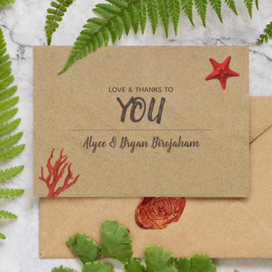 Modern zand en koraal bruiloft dank u opmerking bedankkaart